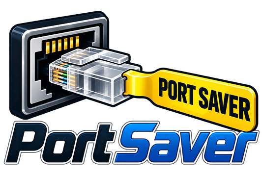 Port Saver RJ45 port reservation logo on dark background